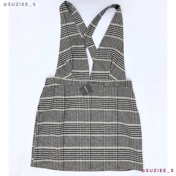 Forever 21 Black White Plaid Plunge V Neck Pinafore Mini Dress 2X NWT - Picture 2 of 14